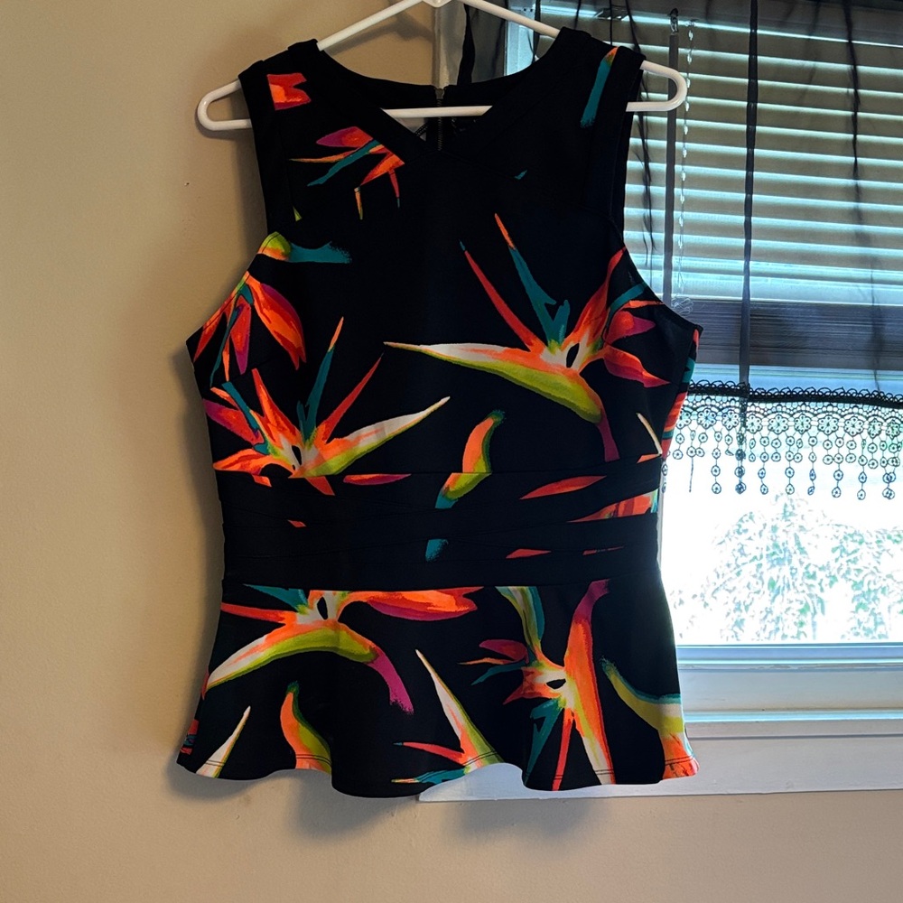 Floral Sleeveless Peplum Top - Black and Multicolor